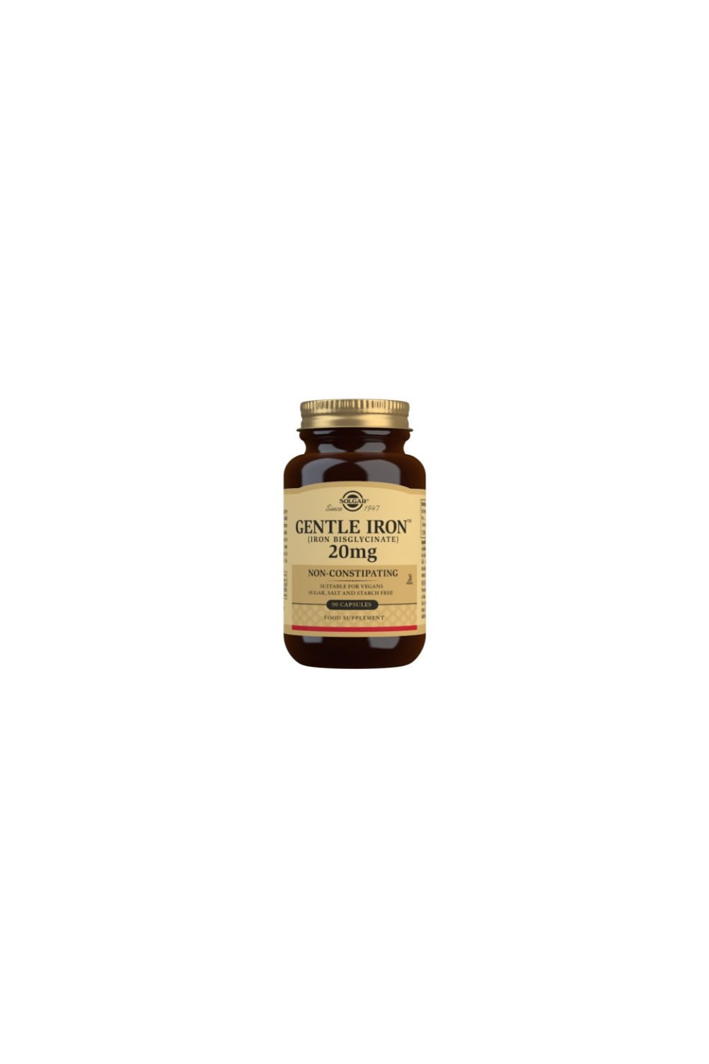 Solgar Gentle Iron (Iron Bisglycinate) 20 mg Vegetable Capsules - Pack of 90